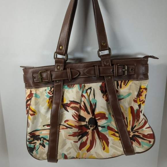 New York & Company Brown And Floral Fabric/ Faux Leather Handbag - Picture 3 of 9